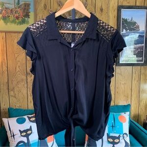No Boundaries Navy Blouse with Lace Shoulders